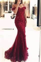 Vestidos de noche largos rojos con encaje y cuentas, hombros descubiertos, corte sirena, vestidos de fiesta
